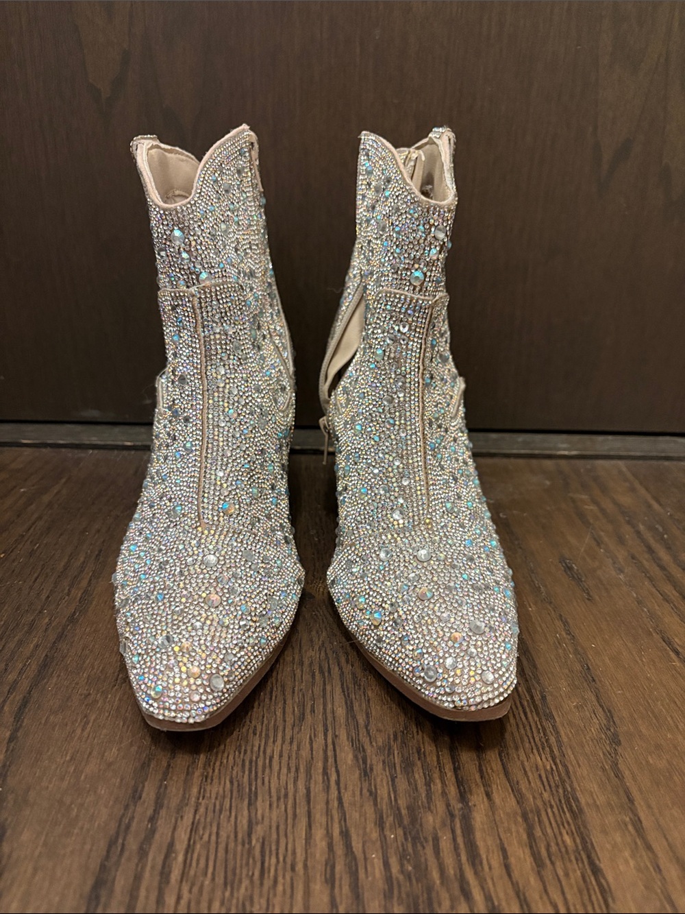 Crystal-Embellished Women's Ankle Booties in Nude